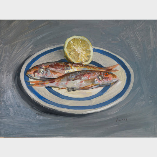 Two Baby Red Mullet with Lemon on Grey − 2017