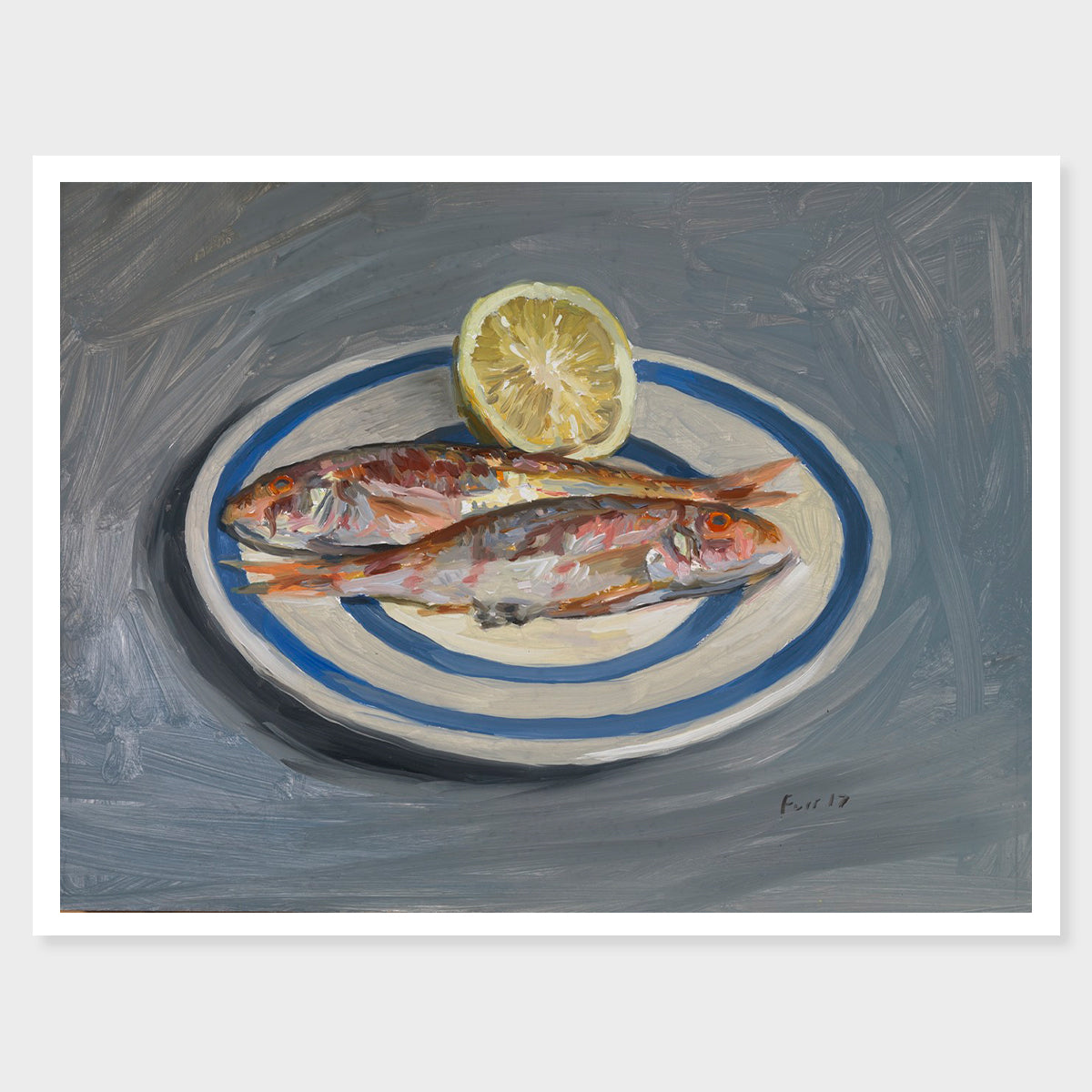 Two Baby Red Mullet with Lemon on Grey − 2017